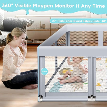 Fshibila 74" ×50" Large Baby Playpen, Baby Playard for Babies and Toddlers, Play Pens for Indoor & Outdoor, Sturdy Safety Play Yard with Soft Breathable Mesh, Anti-Fall, Grey (with MAT)