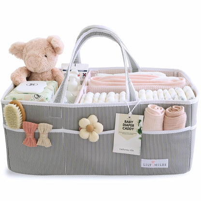Lily Miles Baby Diaper Caddy Organizer - Large Tote Bag for Newborn essentials Boy or Girl - Baby Shower Basket - Nursery Must Haves - Registry Favorites - Newborn Caddie Car Organizer