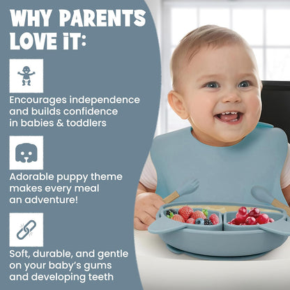 Baby Feeding Essentials, Baby Led Weaning Supplies, Silicone Baby Feeding Set, with Baby Spoon, Fork, Baby Bib, Sippy Cup, Suction Plate, Suction Bowl, Baby Eating Essentials, 6+ Months (Beige)