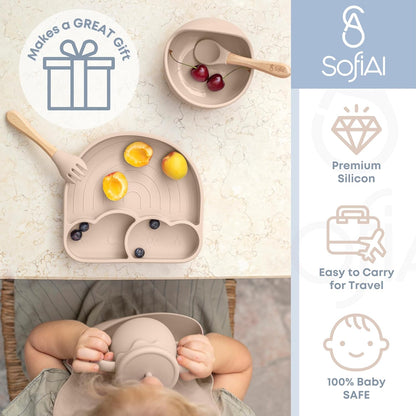 BPA-Free Non-Toxic Silicone Baby Feeding Set – Suction Plate, Bowl, Bib & Cup – 11-Piece Baby Led Weaning Set for Ages 6-18 Months – Eco Gift Bag (Dusty Blue)