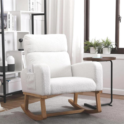 Rocking Chair Nursery, Upholstered Nursing Rocker Chair for Mom with High Backrest and Side Pockets for Bedroom Living Room, Beige