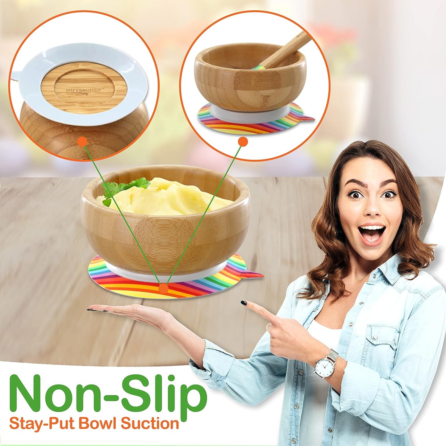 NutriChef Baby and Toddler, 3 compartment plate, bowl, and spoon feeding set- silicone suction, Non-toxic all natural Bamboo baby food plate with silicone bib (Rainbow), Small