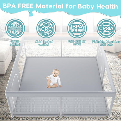 Fshibila 74" ×50" Large Baby Playpen, Baby Playard for Babies and Toddlers, Baby Fence Play Pens for Indoor & Outdoor, Sturdy Safety Play Yard with Soft Breathable Mesh, Anti-Fall, Grey