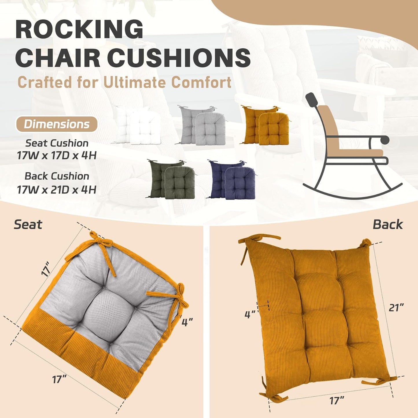 Rocking Chair Cushion with Ties Non-Slip Outdoor Rocking Chair Cushion Set Waterproof Fade-Resistant Porch Garden Patio Glider Rocker Cushions