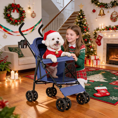 MoNiBloom 4 Wheels Pet Stroller, Easy-Fold Puppy Cage Jogger Stroller with Sun Cover, Pad and Rear Storage Bag, Breathable and Visible Mesh for Small/Medium Pets up to 22 lbs, Black