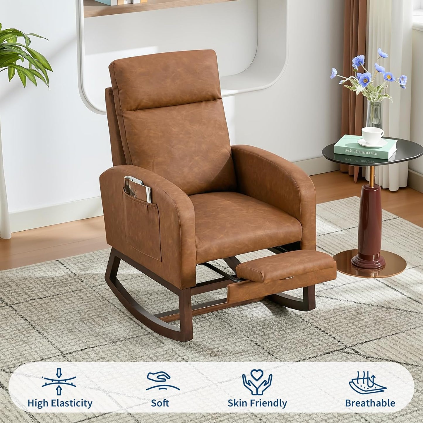 Garvee Teddy Fleece Nursery Rocking Chair,Upholstered Glider with 26" High Backrest, Padded Seat,Modern 300 Lbs Weight Capacity Accent Recliner for Living Room, Bedroom, Reading