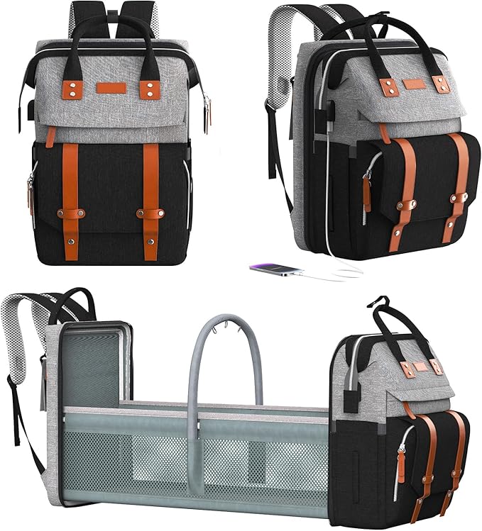 Diaper Bag Backpack with Changing Station,Large Baby Backpack for Travel Multifunctional Baby Bag for Mom & Dad, GrayBlack