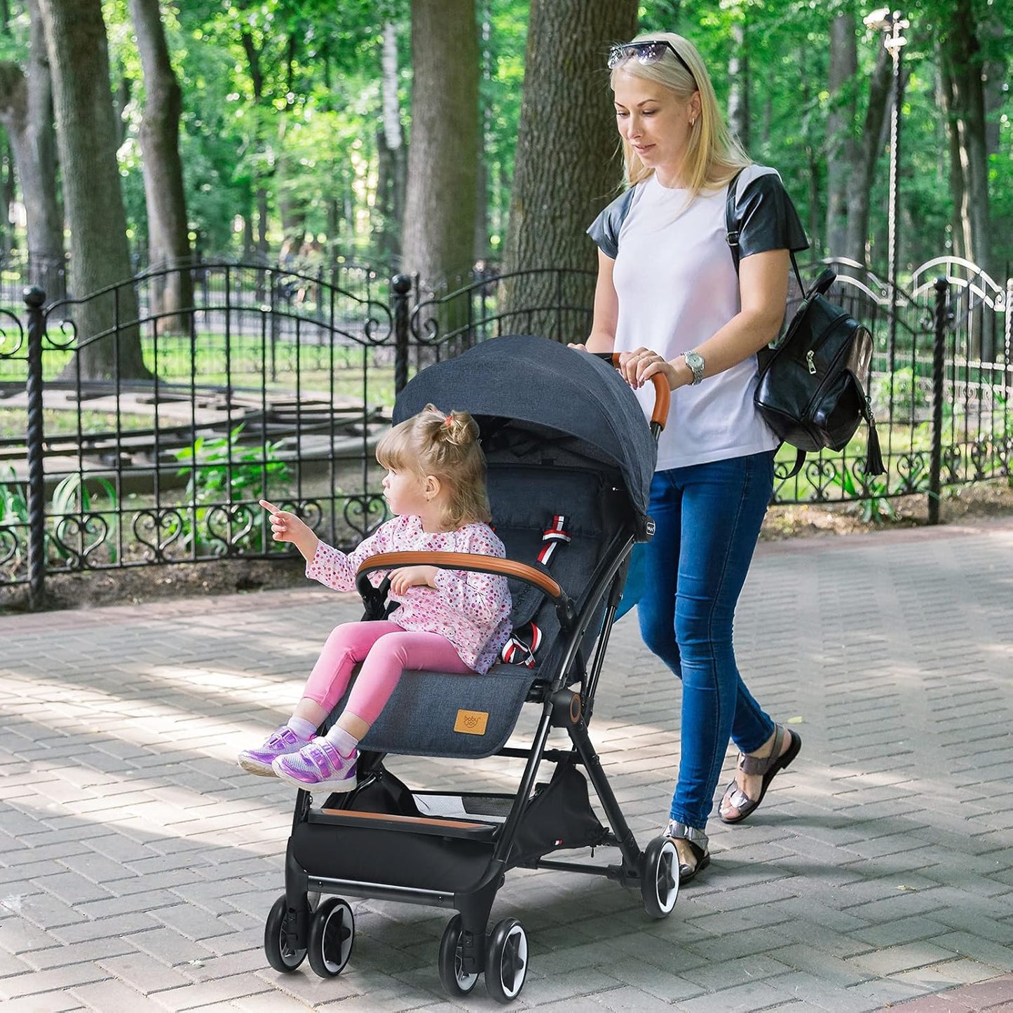 HONEY JOY Travel Stroller, One-Hand Quick Fold Lightweight Umbrella Stroller for Airplane, Wrist Wrap & Net, Multi-Position Recline, Overhead Friendly Compact Stroller for Newborn and Toddler(Gray)