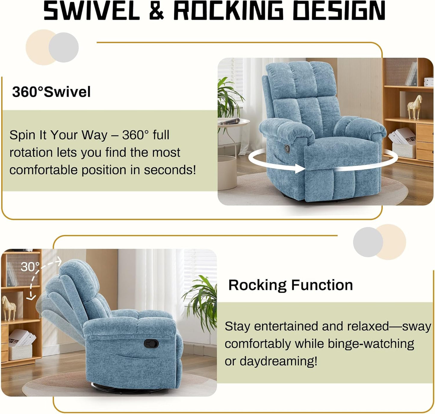 Korser Recliner Chair, Swivel Rocker Recliner Chair for Adults, Small Recliners for Small Spaces, Upholstered Manual Recliner with Side Pockets, Nursery Rocking Chair for Living Room, Chenille, Beige