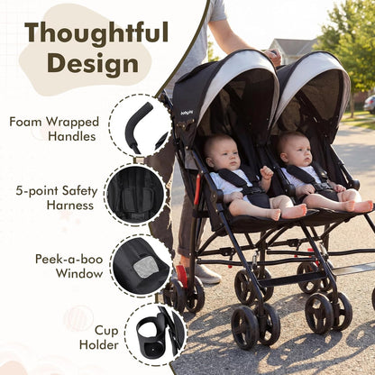 BABY JOY Double Umbrella Stroller, Lightweight Travel Side by Side Twin Stroller with Large Storage, Cup Holder, 5-Point Safety Harness, Adjustable Canopy & Compact Fold for Infant and Toddler (Black)