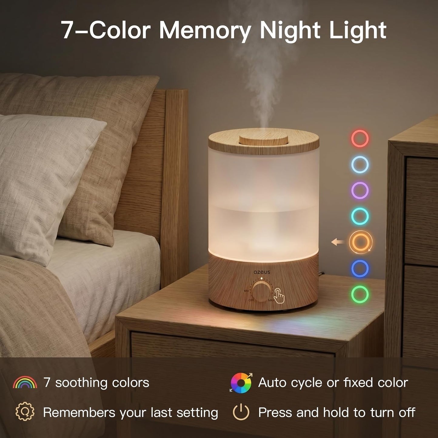 AZEUS 3.5L Ultrasonic Humidifier with 7-Colour Night Light, Aroma Diffuser Compatible Cool Mist Humidifier, Quiet & Adjustable for Bedroom, Nursery, Office