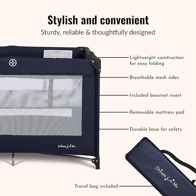 Dream On Me Zazzy Portable Playard with Bassinet - 360° Mesh Visibility, Quick Folding Travel Friendly Design, Carry Bag and Foldable Mattress Pad Included, Compact and Lightweight - Navy
