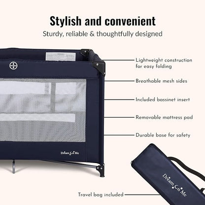 Dream On Me Zazzy Portable Playard with Bassinet - 360° Mesh Visibility, Quick Folding Travel Friendly Design, Carry Bag and Foldable Mattress Pad Included, Compact and Lightweight - Navy