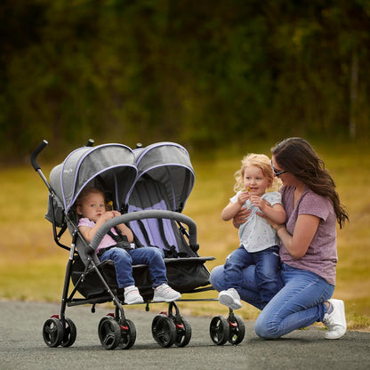 Dream On Me Volgo Twin Umbrella Stroller in Black, Lightweight Double Stroller for Infant & Toddler, Compact Easy Fold, Large Storage Basket, Large and Adjustable Canopy