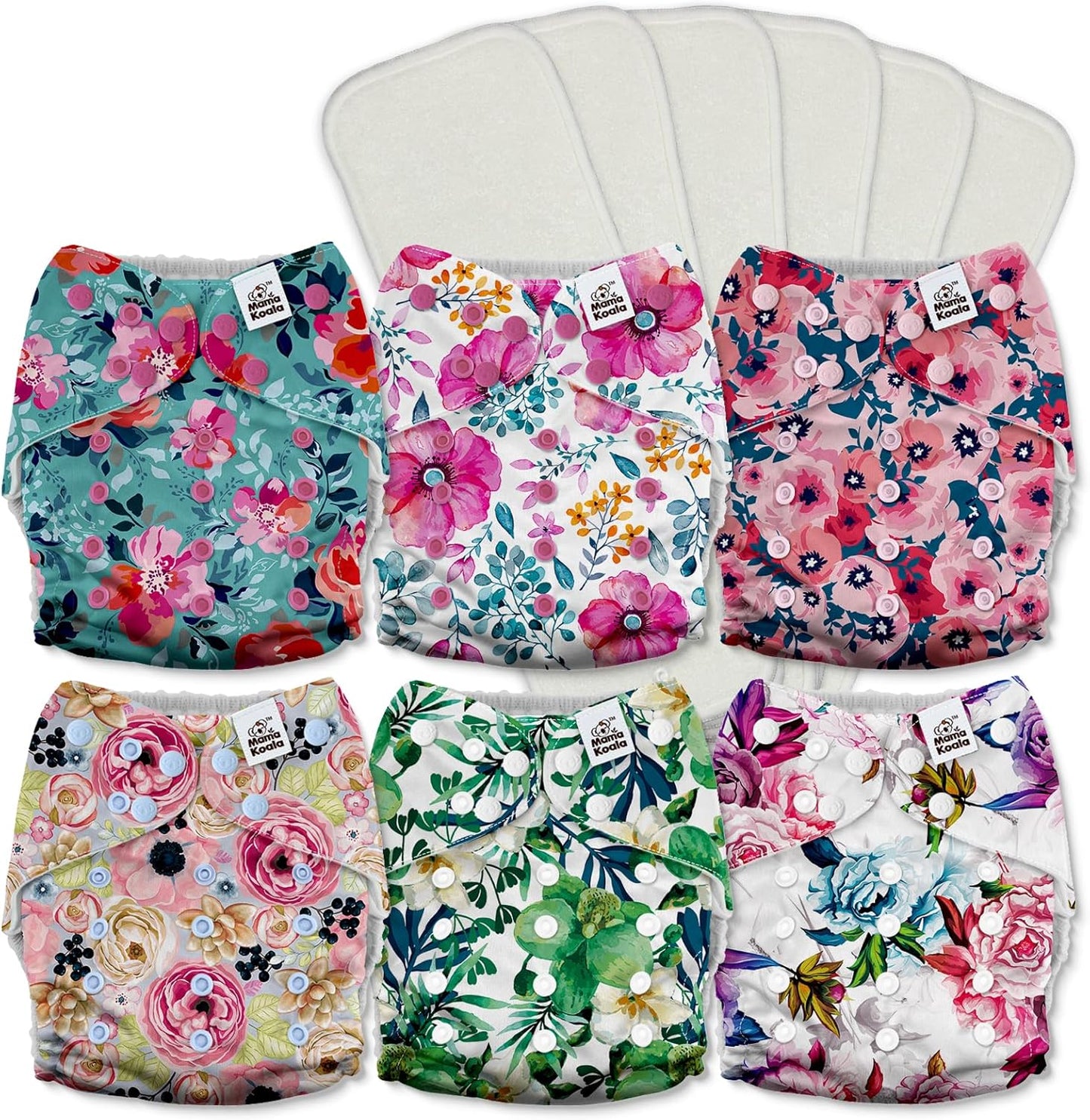 Mama Koala 3.0 Pocket Cloth Diapers for Babies with AWJ Lining, 6 Pack with 6 4-Layer Natural Cloth Diaper Inserts - Reusable and Washable Pocket Diapers(Hardworking Bees) - Colors B