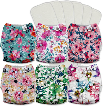 Mama Koala 3.0 Pocket Cloth Diapers for Babies with AWJ Lining, 6 Pack with 6 4-Layer Natural Cloth Diaper Inserts - Reusable and Washable Pocket Diapers(Hardworking Bees) - Colors B