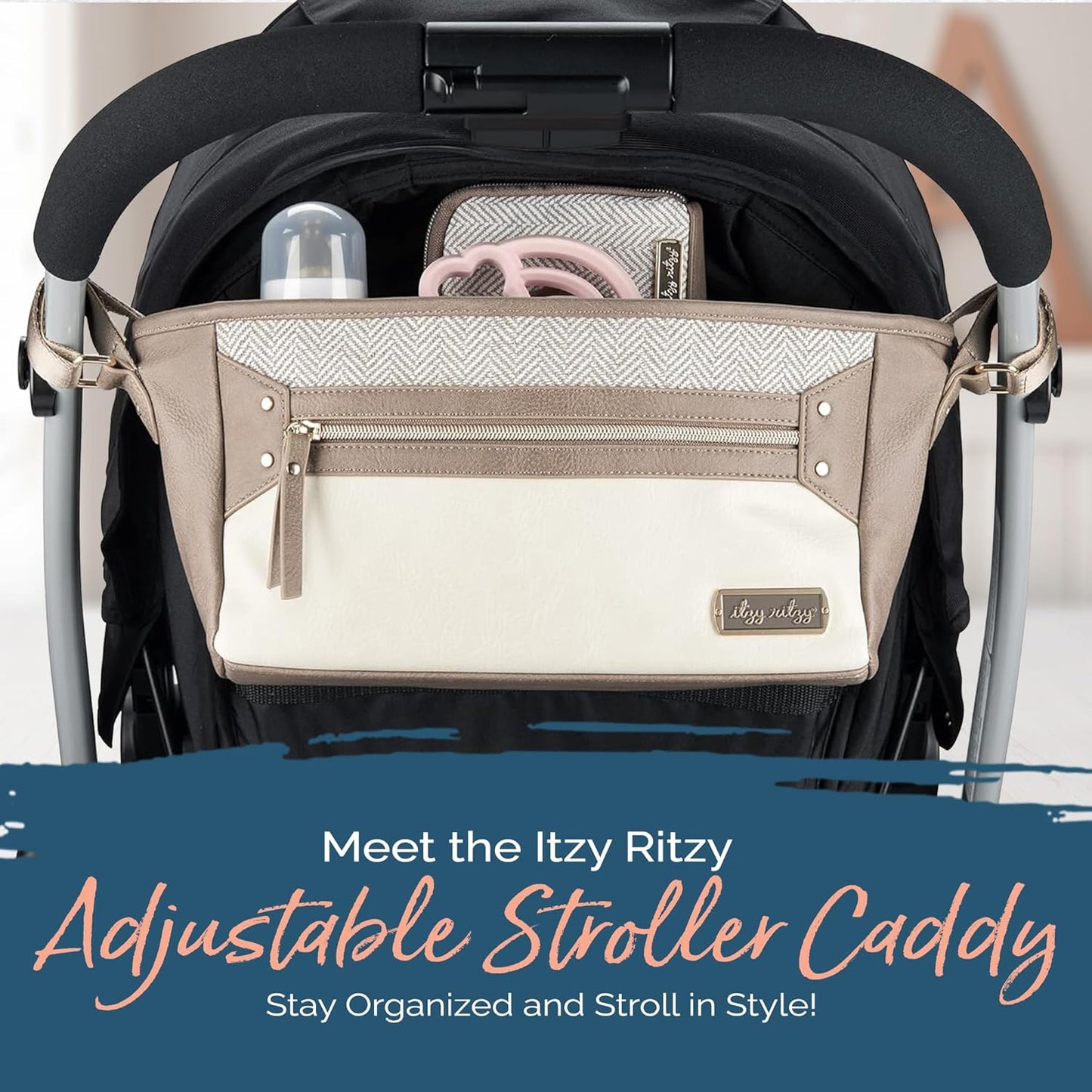 Itzy Ritzy Adjustable Stroller Caddy and Organizer Bag Featuring Front Zippered Pocket, 2 Built-In Interior Pockets & Adjustable Straps to Fit Nearly Any Stroller (Coffee and Cream)