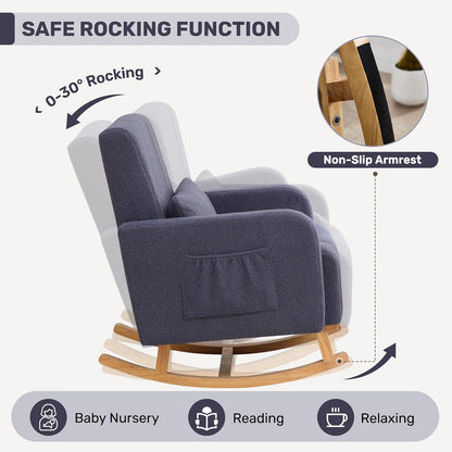 HCHAIRH Nursery Rocking Chair with Ottoman, Upholstered Glider Rocker with High Backrest Side Pocket, Rocking Accent Armchair with Solid Wood Legs for Nursery, Living Room, Bedroom, Light Grey