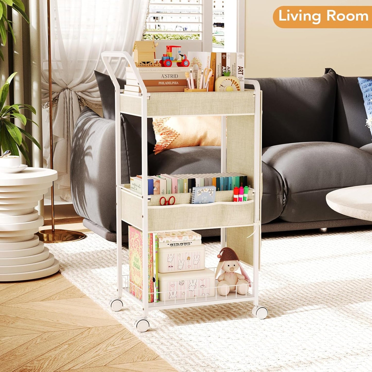 BBLIKE 3-Tier Diaper Caddy Organizer - Rolling Utility Baby Cart with Drawer and Side Pockets for Nursery and Baby Essentials, Multi-Function Cart for Bedroom and Bathroom, White
