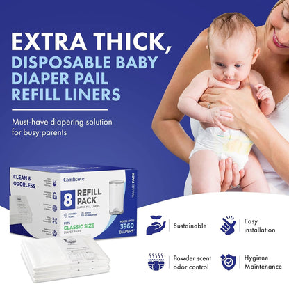 COMFICOVE Refills Compatible with DEKOR PLUS Diaper Pails | 4 Pack | Extra Thick Diaper Pail Refill Liners | Fresh Scent | Easy to Replace and Dispose of Diaper Bag | Odorless Baby Diapers Disposal