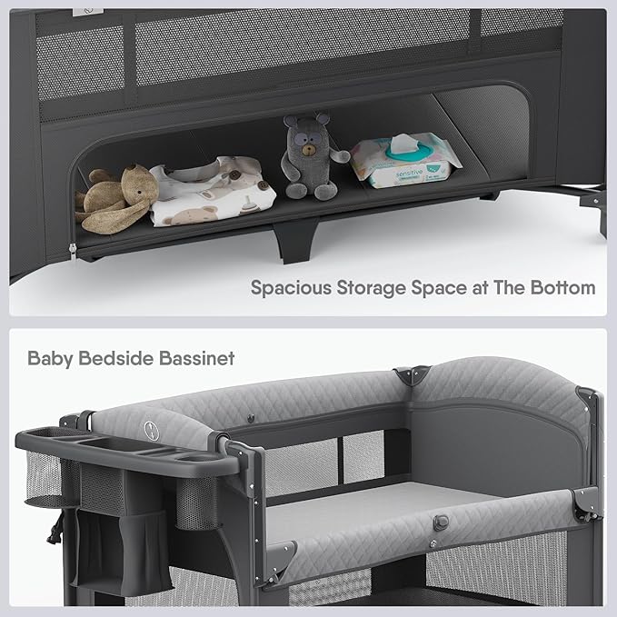 Obee Odee 4 in 1 Baby Bassinet, Pack and Play, Bedside Crib Sleeper, Diaper Changer - Comes with Mattress, Mosquito Net, Bottom Storage and Toy Bar for Newborn to Toddles
