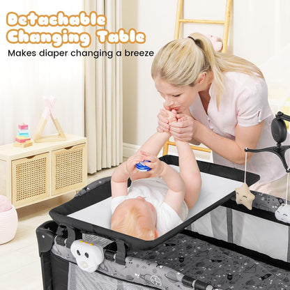 BABY JOY 3 in 1 Pack and Play, Portable Baby Playard with Bassinet, Changing Table, Lockable Wheels, Glowing Music Box, Travel Baby Crib Bassinet Bed from Newborn to Toddler