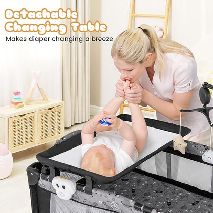 BABY JOY 3 in 1 Pack and Play, Portable Baby Playard with Bassinet, Changing Table, Lockable Wheels, Glowing Music Box, Travel Baby Crib Bassinet Bed from Newborn to Toddler