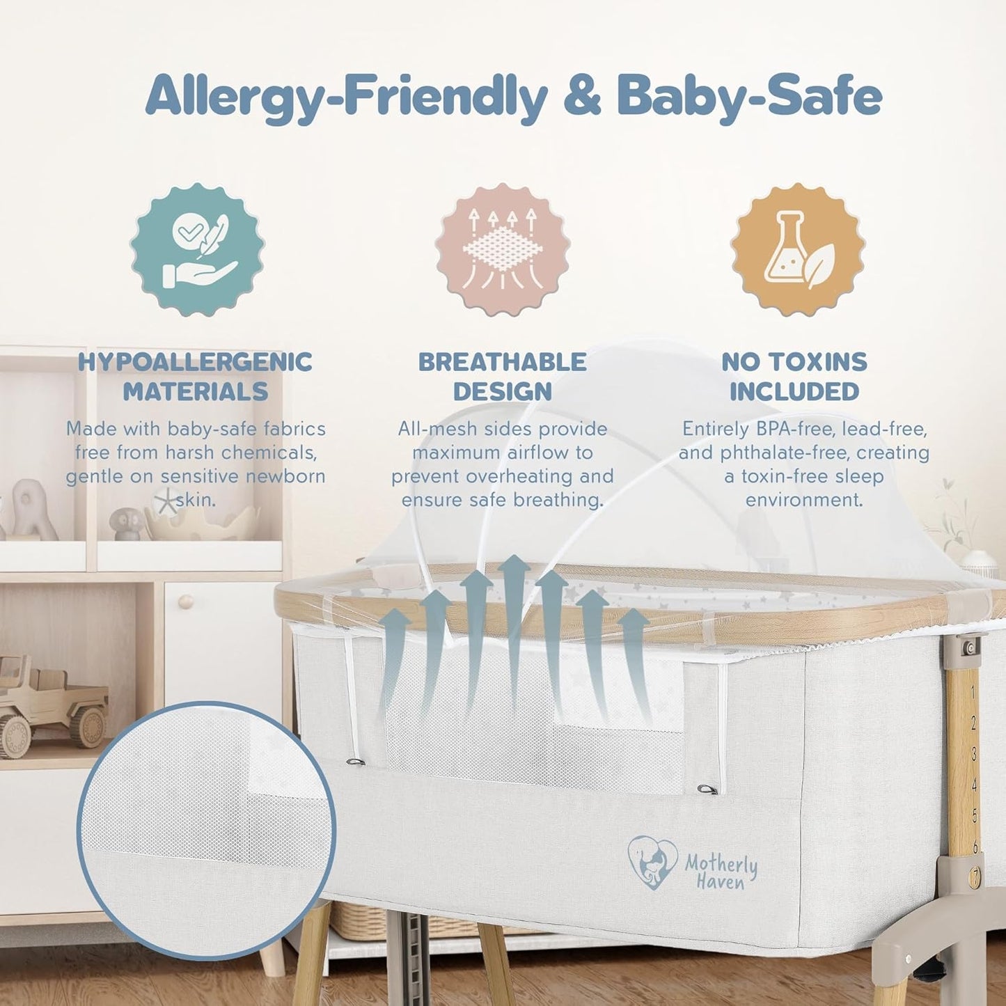 Motherly Haven Baby Bassinet Bedside Sleeper, Portable Crib for Newborns, Adjustable 7-Height Auto-Lock, with Wheels, Soft Mattress & Breathable Mesh (Light Grey)