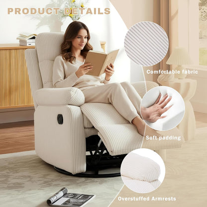 Rocking Recliner Chair,Modern Swivel Glider Recliner Chair,Corduroy Fabric Upholstery Recliner,Manual Reclining Sofa Chair for Living Room,Office,Apartment (Beige)