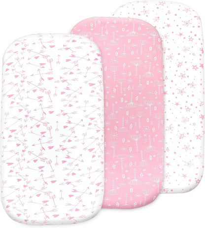 3-Pack Bedside Sleeper Bassinet Sheets | GOTS Certified Organic 100% Muslin Cotton | Ultra Soft & Breathable | 33×20×4” Fitted Sheets | Universal Fit 29–33” x 17–21” Pads