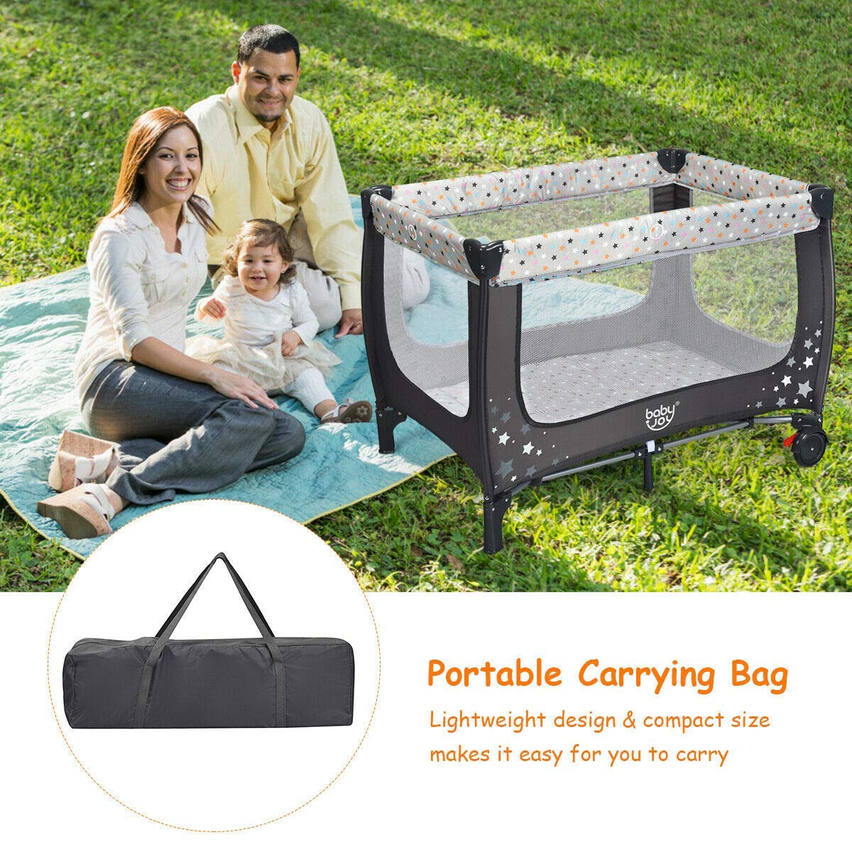 BABY JOY 3 in 1 Pack and Play, Portable Baby Playard with Bassinet, Changing Table, Lockable Wheels, Glowing Music Box, Travel Baby Crib Bassinet Bed from Newborn to Toddler