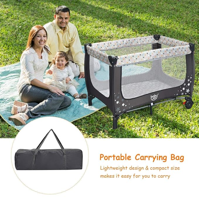 BABY JOY Pack and Play with Bassinet, Portable Playard for Baby, Double Layer Foldable Baby Playpen with Mattress, Lightweight Travel Crib with Bassinet & Carry Bag from Newborn to Toddlers