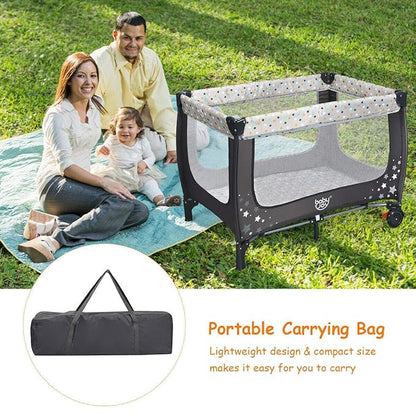BABY JOY Pack and Play with Bassinet, Portable Playard for Baby, Double Layer Foldable Baby Playpen with Mattress, Lightweight Travel Crib with Bassinet & Carry Bag from Newborn to Toddlers