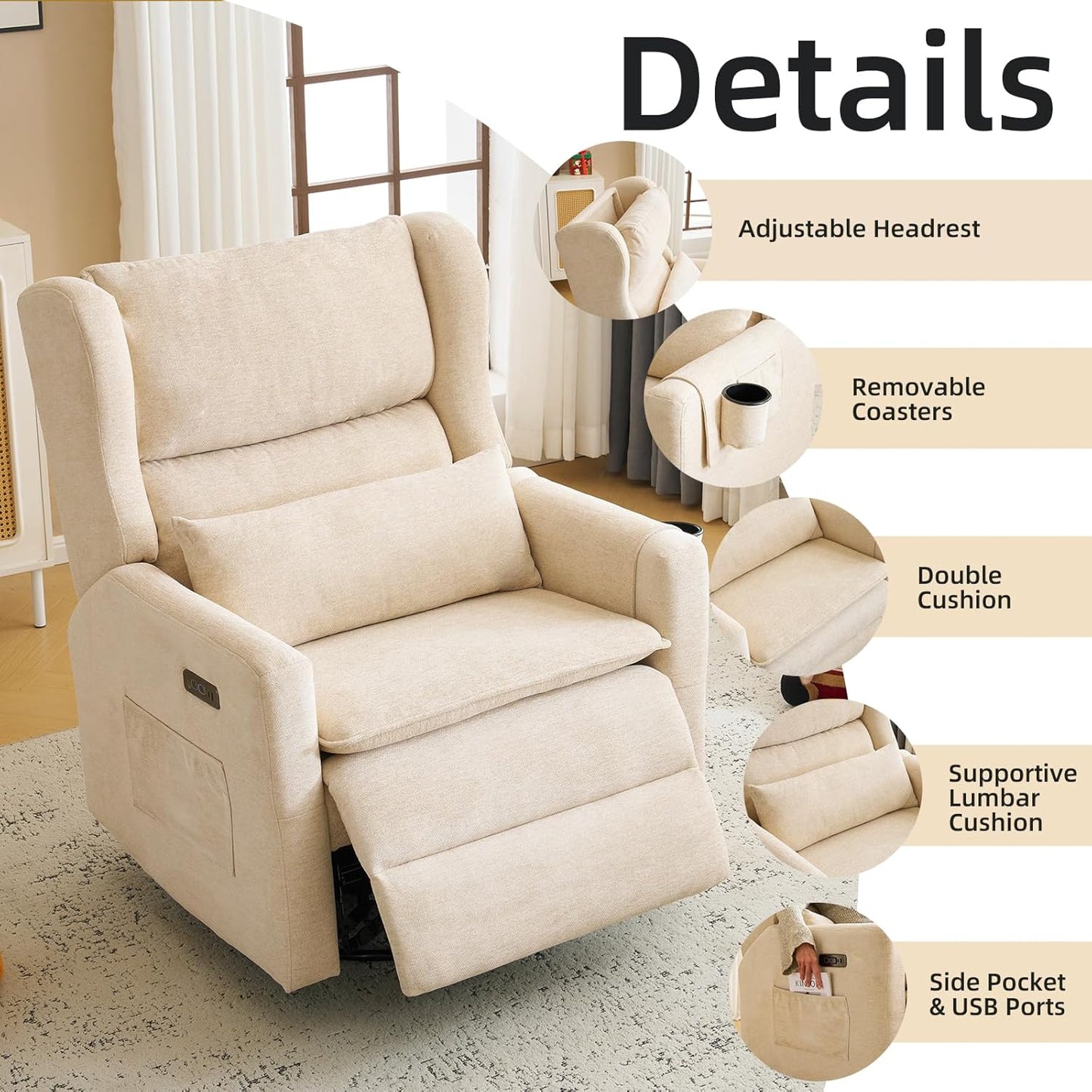 Large Glider Rocker Recliner,Rocking Chair Nursery with Adjustable Headrest,Swivel Rocker Recliner with Lumbar Support,Manual Nursery Rocker Recliner for Living Room& Bedroom,Chenille White