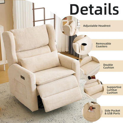 Large Glider Rocker Recliner,Rocking Chair Nursery with Adjustable Headrest,Swivel Rocker Recliner with Lumbar Support,Manual Nursery Rocker Recliner for Living Room& Bedroom,Chenille White