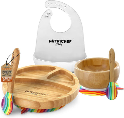 NutriChef Baby and Toddler, 3 compartment plate, bowl, and spoon feeding set- silicone suction, Non-toxic all natural Bamboo baby food plate with silicone bib (Rainbow), Small