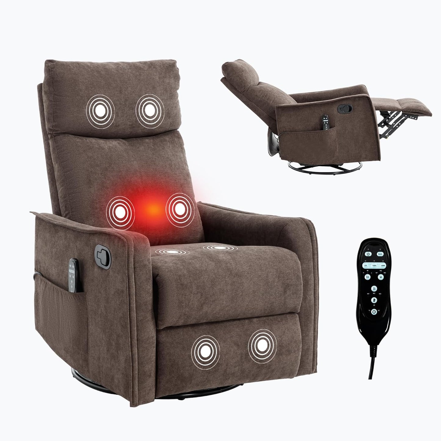 Swivel Rocker Recliner Chair for Adults, Nursery Rocking Chair with Heat and Massage, Glider Reclining Chair for Small Space Living Room Bedroom, Faux Leather Black