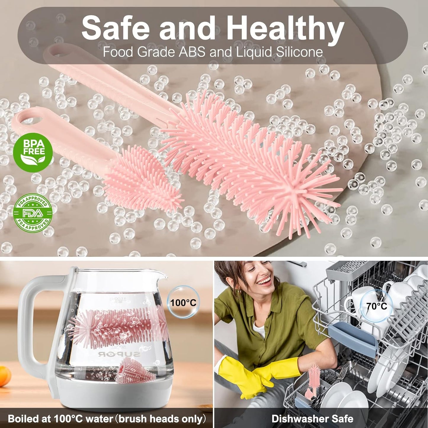 6 in 1 Cleaning Brush Set with Silicone Bottle, Nipple, Straw, Soap Dispenser, Drying Rack for Baby and Water Bottles, Space Saving Essentials for Home and Travel