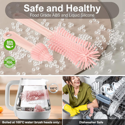 6 in 1 Cleaning Brush Set with Silicone Bottle, Nipple, Straw, Soap Dispenser, Drying Rack for Baby and Water Bottles, Space Saving Essentials for Home and Travel