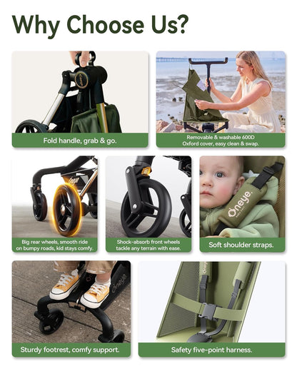 Oneye Travel Stroller for Airplane, Ultra Lightweight Baby Stroller for Toddlers with Canopy, Foldable & Compact Strollers with Jumbo Seat & Large Storage Basket,10.19lb,Stable & One-Hand Fold, Green
