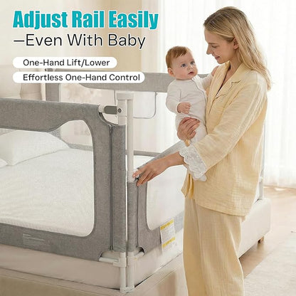 Twin Size Baby Bed Rail Guard – Extra Tall Safety Bedside Rail with Headboard Rod for Toddlers, Adjustable No-Gap Design, 3 Panels (2×74.8″ + 1×39.3″), Gray
