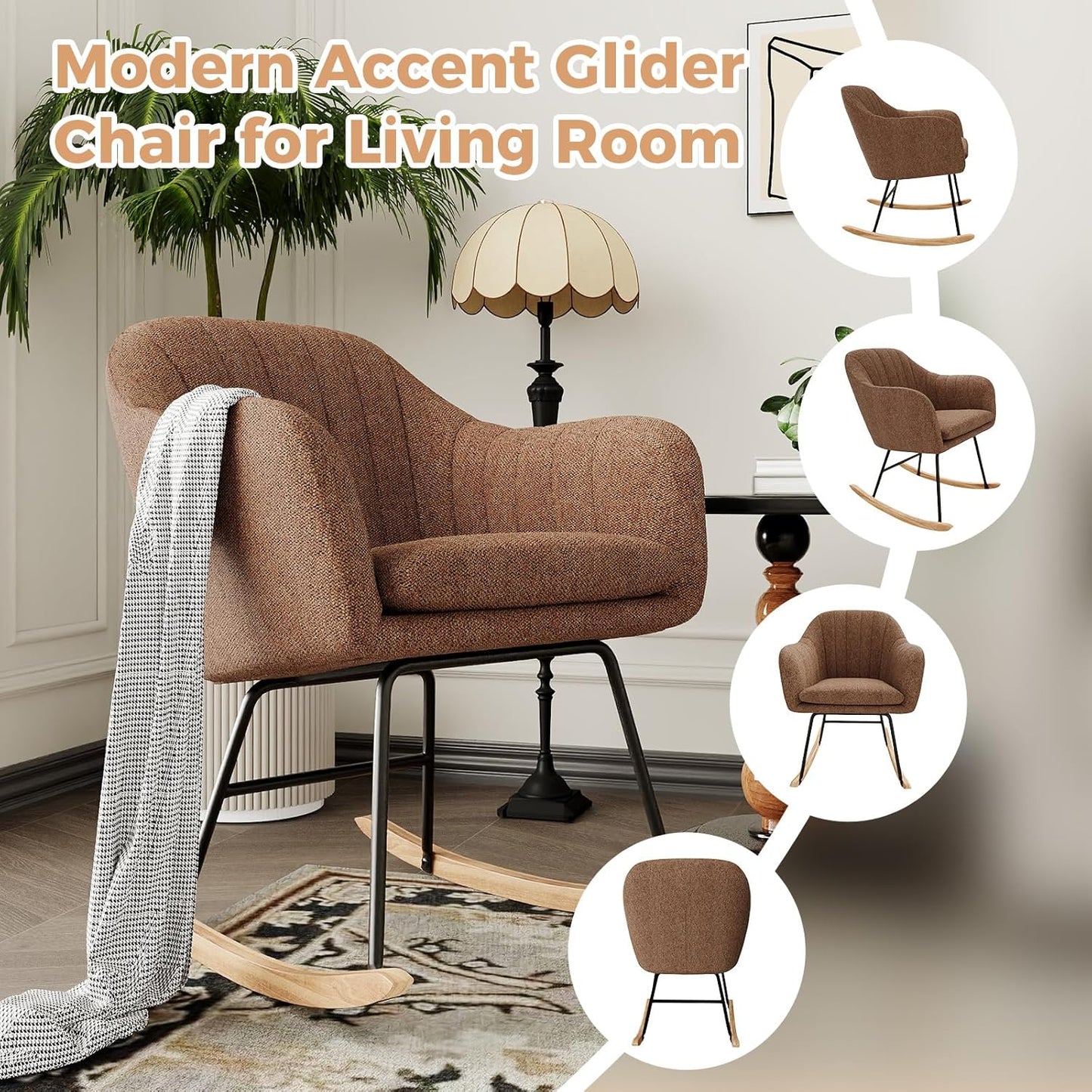 GarveeHome Nursery Rocking Chair, Upholstered Chenille Glider Rocker Chair, Modern Armchair With Wood Legs, Indoor Comfy Accent Chair Nursing Chairs Holds Up to 350 LBS for Living Room, Bedroom, Beige