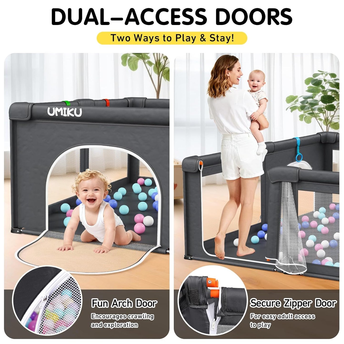 Baby Playpen Foldable Playpen for Babies and Toddlers, Large Playpens Portable Play Pen Play Yard for Kids Fence Indoor Outdoor Travel 4 Handlers 50 Balls Baby Gifts Essentials 50"X50" Dark Grey