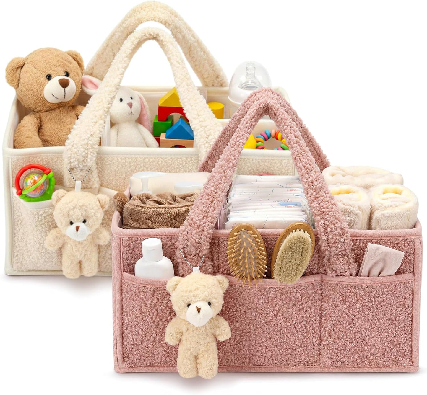 Shinylin 2 Pack Diaper Caddy Organizer Baby Caddy Organizer with Handle Nursery Storage Bin and Car Storage Basket for Diapers, Wipes, Newborn Necessities Baby Shower Gifts(Lily Green and Ivory)