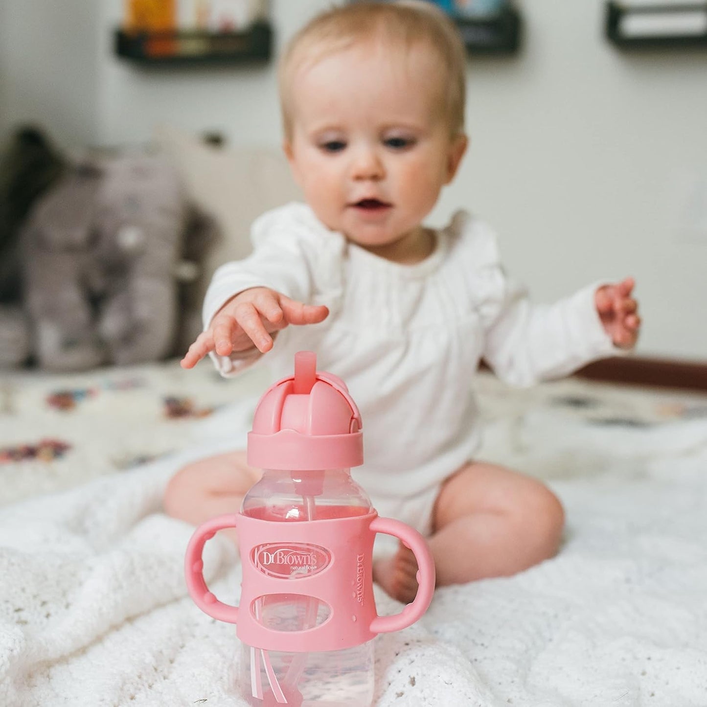 Dr. Brown's Milestones Wide-Neck Sippy Straw Bottle, Spill-Proof with 100% Silicone Handles and Weighted Straw, 9 oz/270 mL, Gray & Pink, 6m+, 2-Pack