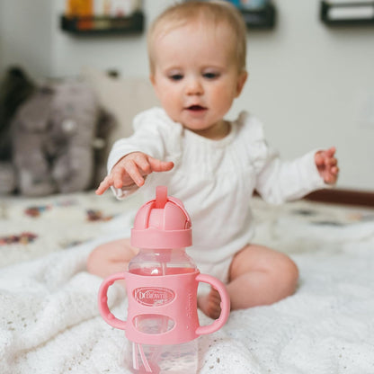 Dr. Brown's Milestones Wide-Neck Sippy Straw Bottle, Spill-Proof with 100% Silicone Handles and Weighted Straw, 9 oz/270 mL, Gray & Pink, 6m+, 2-Pack