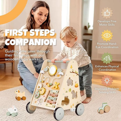 Pithfor Wooden Baby Push Walker, Baby Walker with Activity Center for Girls Boys, Montessori Sensory Push Toys for Babies Learning to Walk & Sit-to-Stand