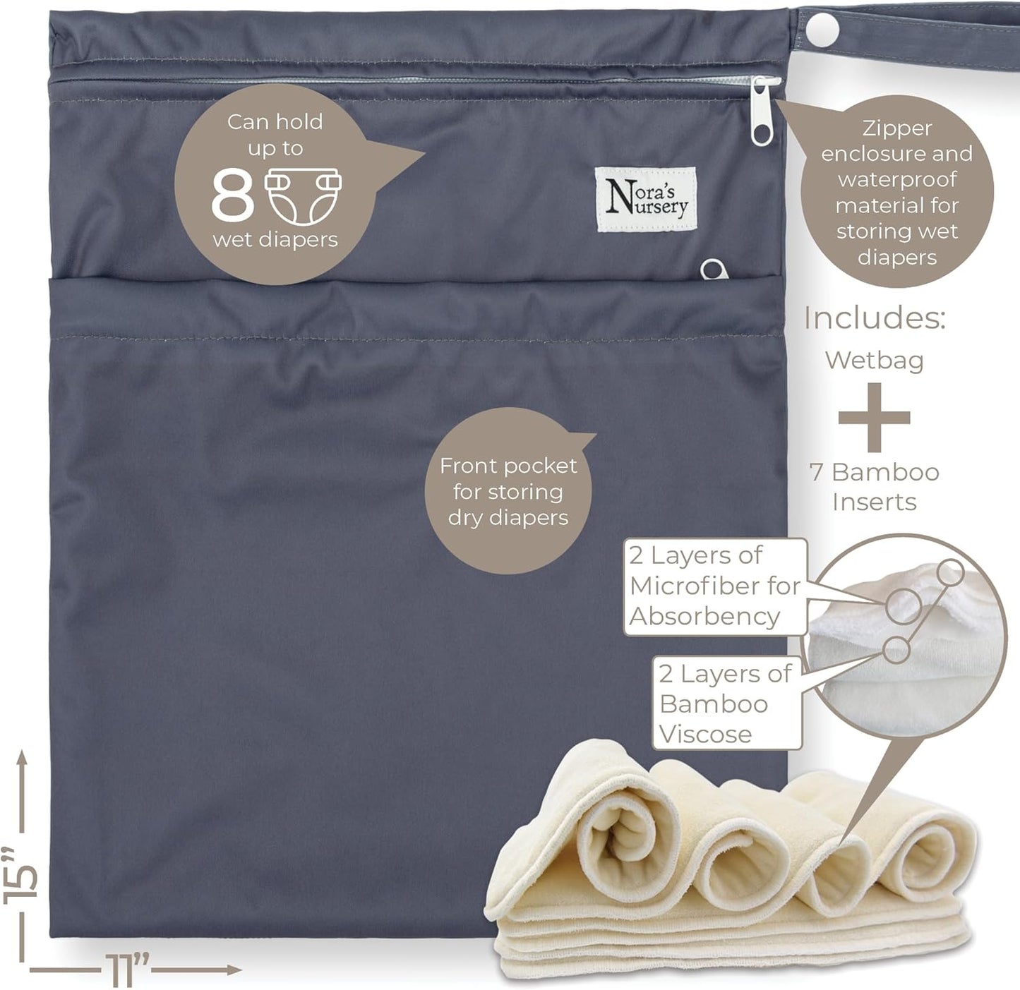 Nora's Nursery Cloth Diapers 7 Pack with 7 Inserts & 1 Wet Bag - Waterproof Cover, Washable, Reusable & One Size Adjustable Pocket Diapers for Newborns and Toddlers - Delilah