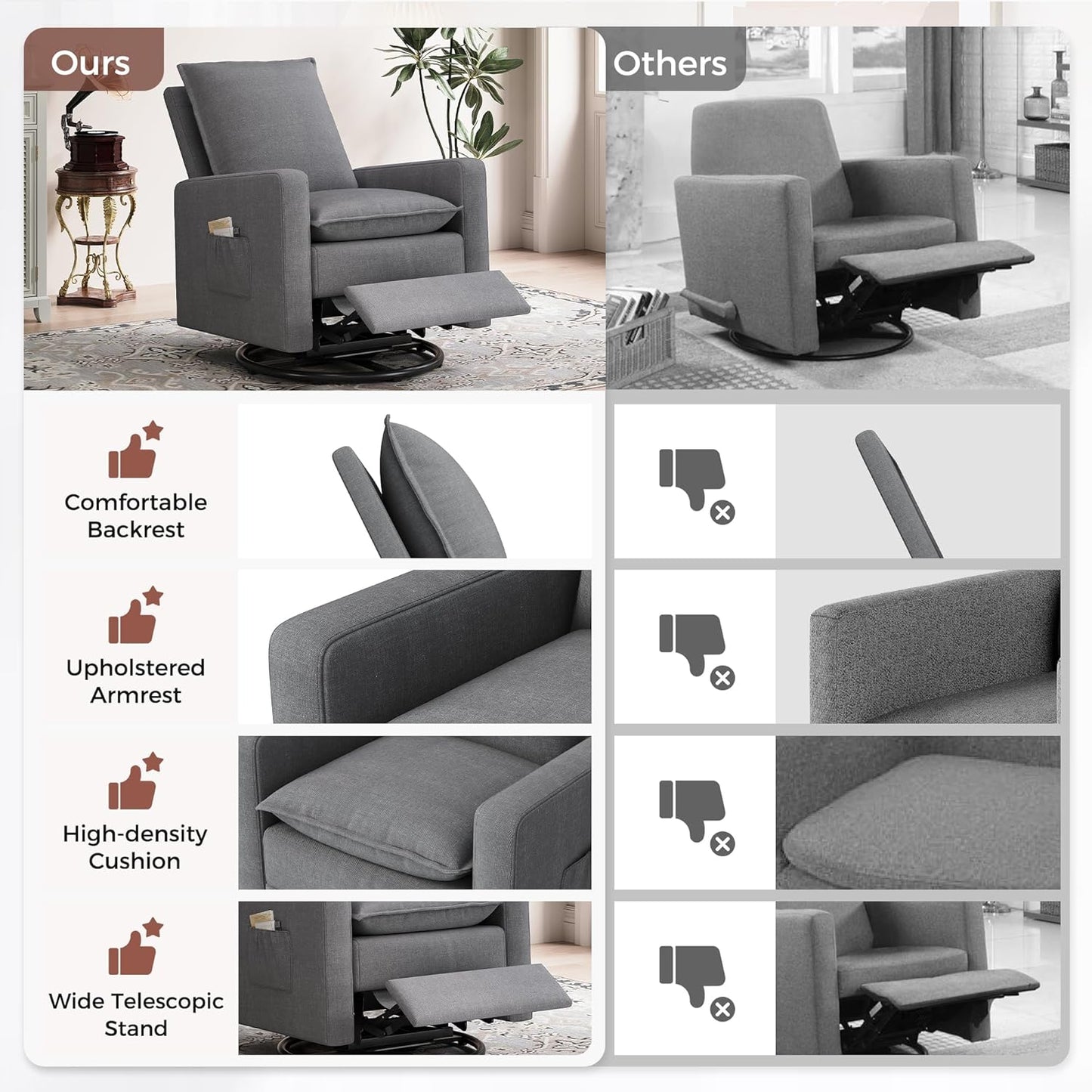 Amopatio Swivel Glider Recliner for Indoor, Nursery Rocker Chair Upholstered Single Sofa with Side Pockets and Footrest for Living Room Bedroom