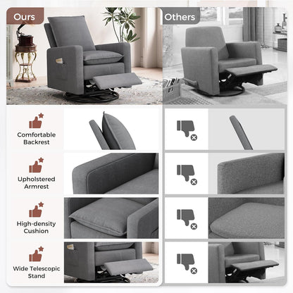 Amopatio Swivel Glider Recliner for Indoor, Nursery Rocker Chair Upholstered Single Sofa with Side Pockets and Footrest for Living Room Bedroom